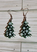 Load image into Gallery viewer, Snowflake print Christmas Tree Earrings
