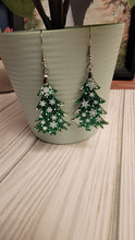 Load image into Gallery viewer, Snowflake print Christmas Tree Earrings
