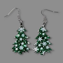 Load image into Gallery viewer, Snowflake print Christmas Tree Earrings
